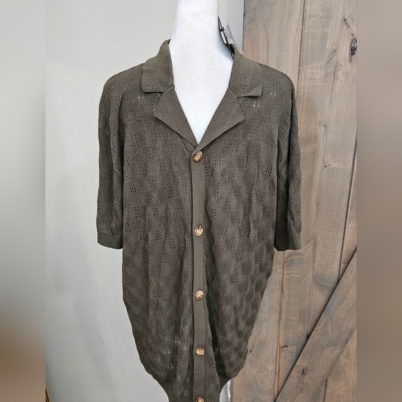 WINWARD Open Knit Camp Collar Button Down Short Sleeve Shirt. Olive. XL NWT - Picture 6 of 16